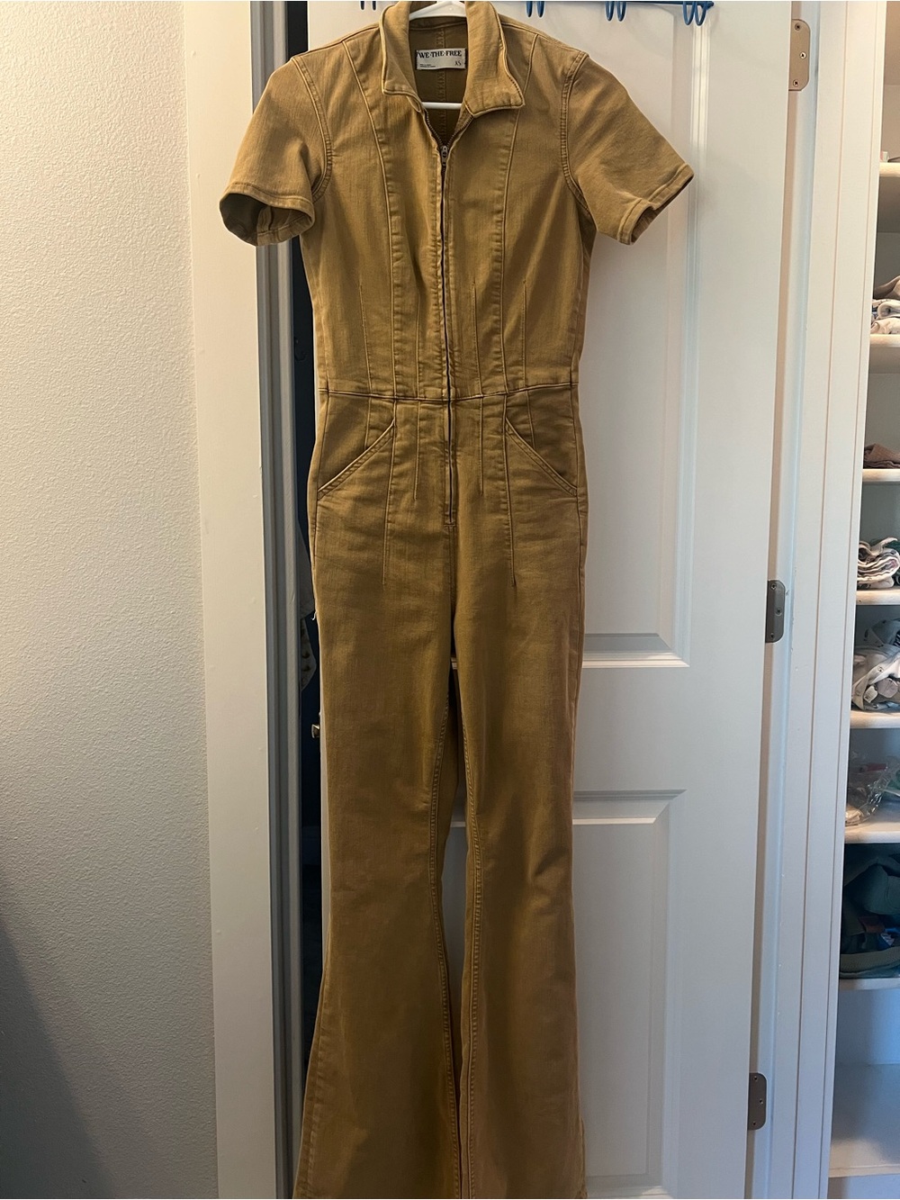 Free People Tan Short-Sleeve Zip-Front Utility Jumpsuit